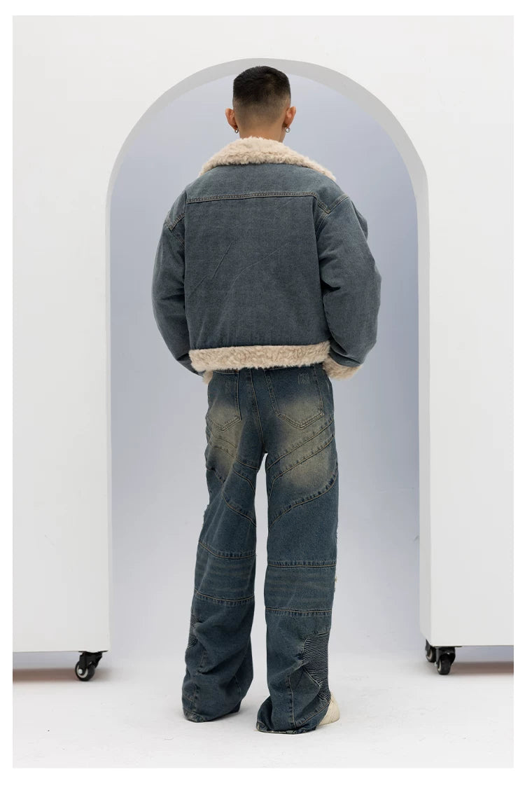 Unisex Vintage Faux Shearling Denim Puffer