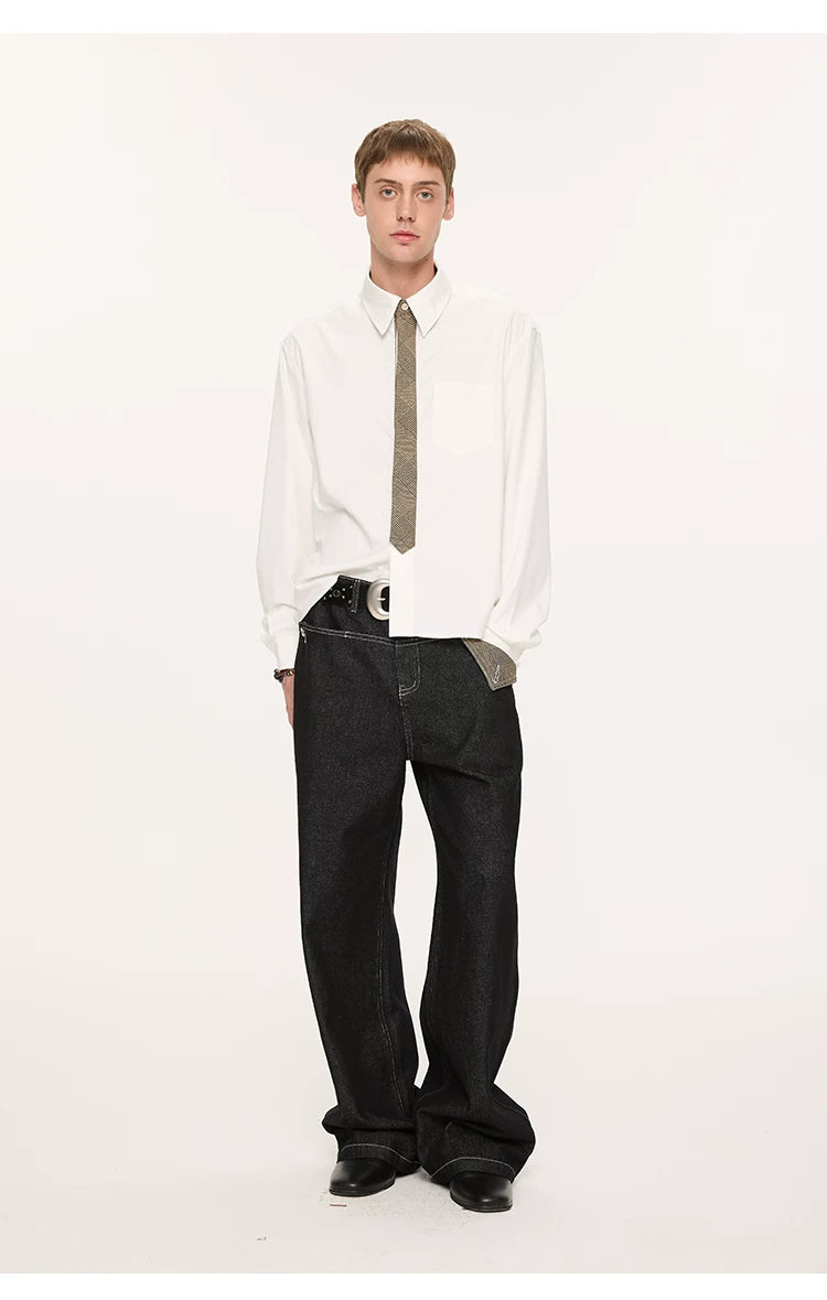 Plaid Tie Patchwork Long Sleeve Shirt