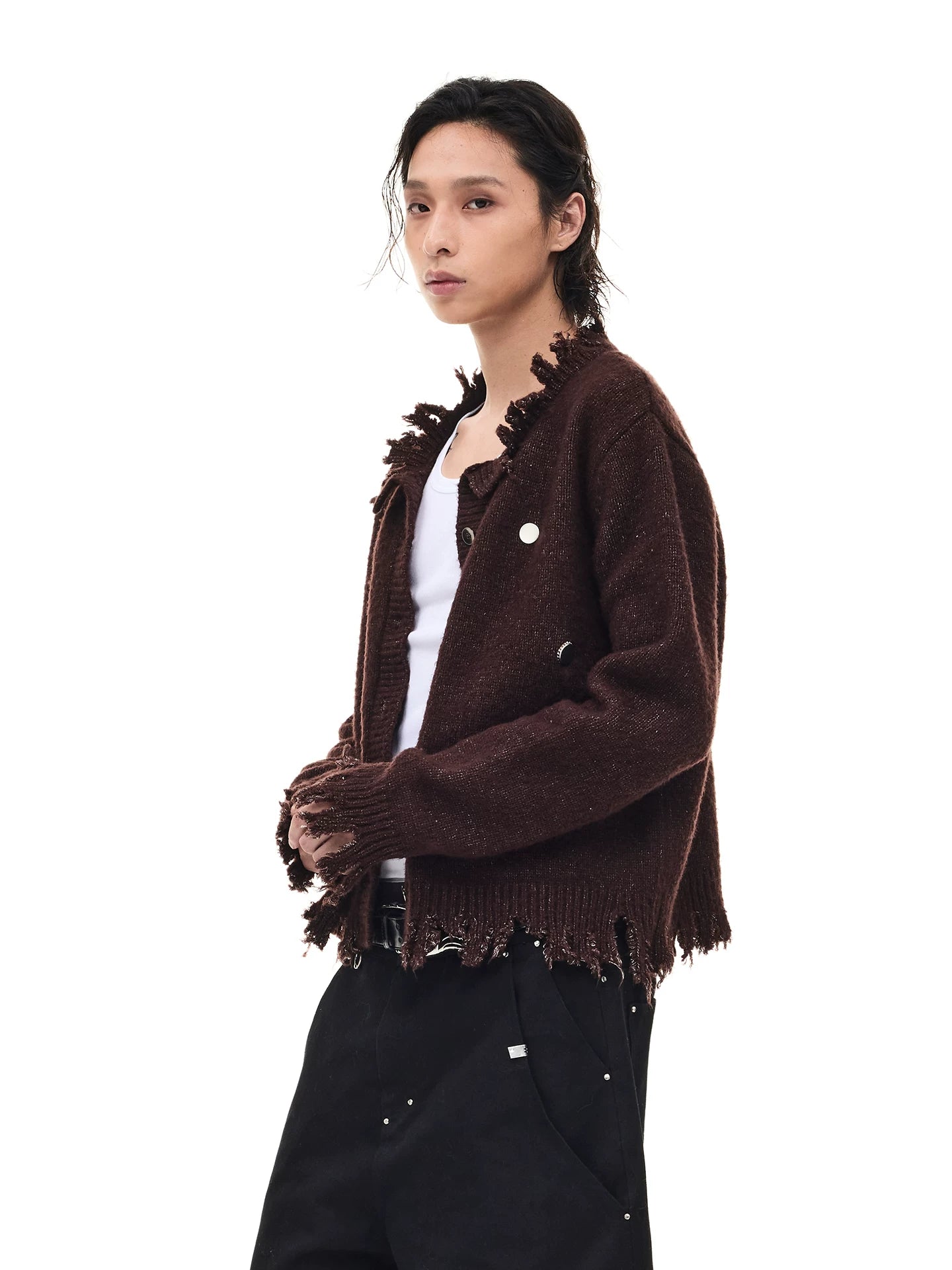 Washed Fringed Distressed Badge Knit Cardigan