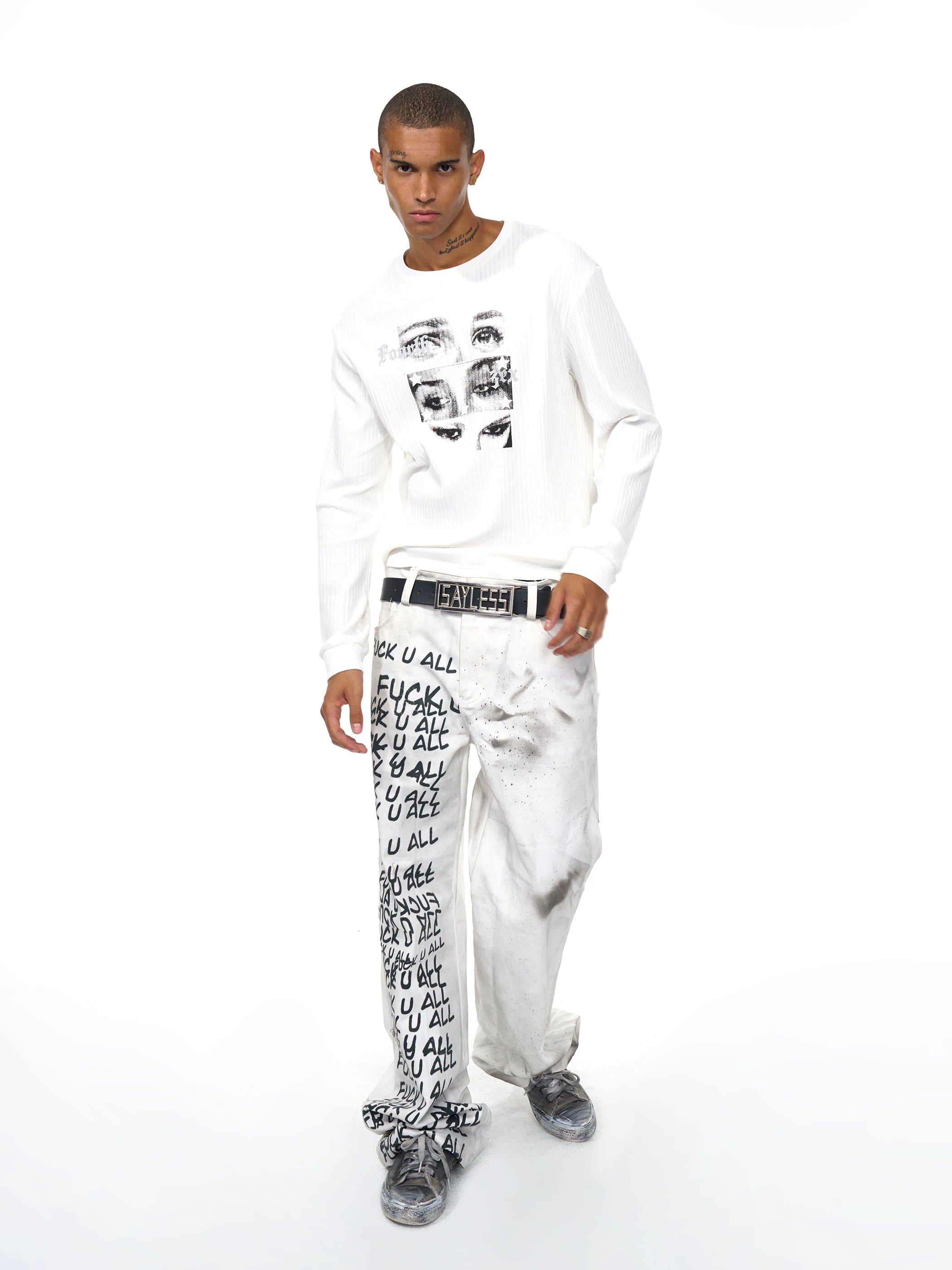 Men's White Eye Print Knit Sweatshirt