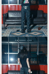 Black Coated Waxed Distressed Straight Jeans