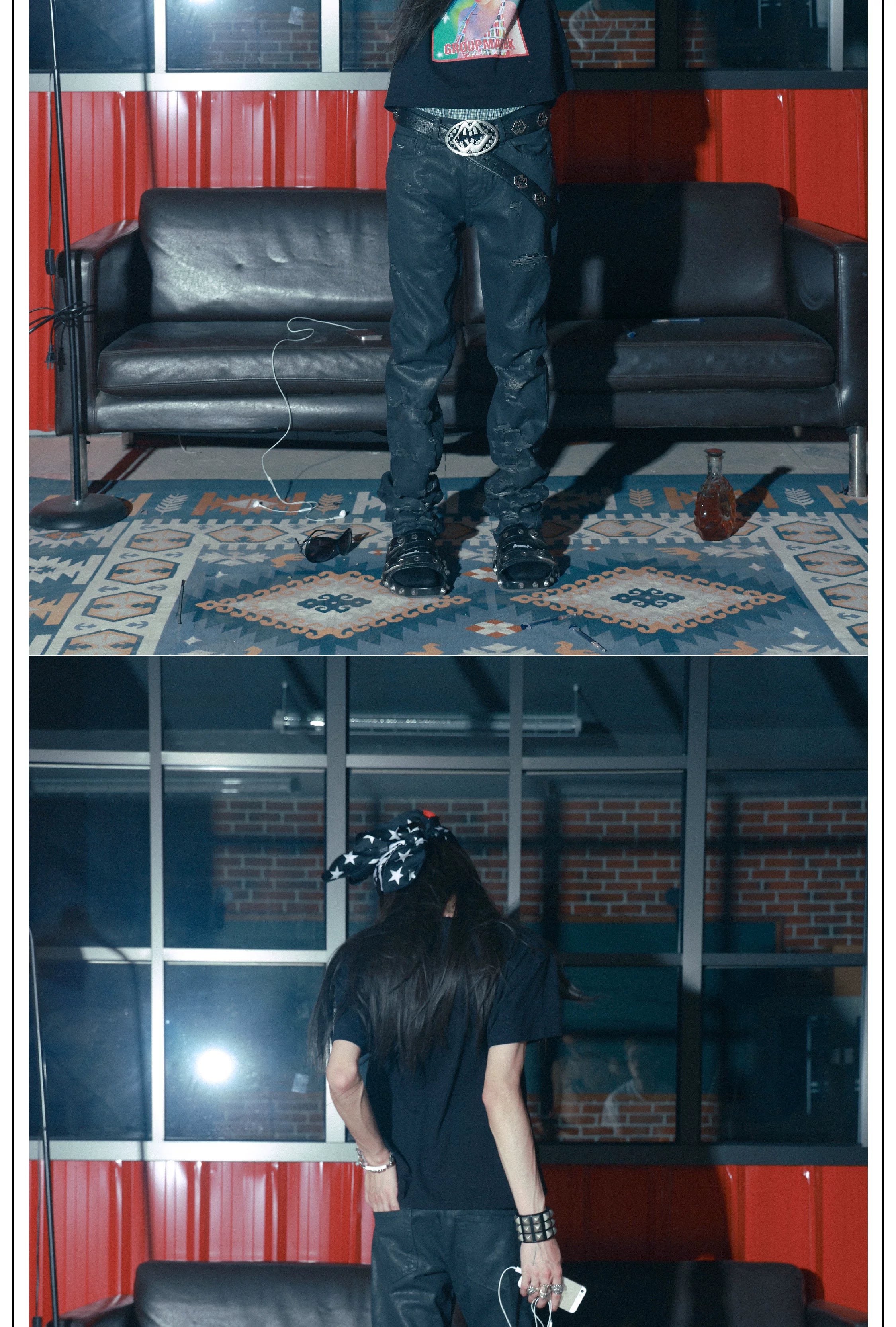 Black Coated Waxed Distressed Straight Jeans