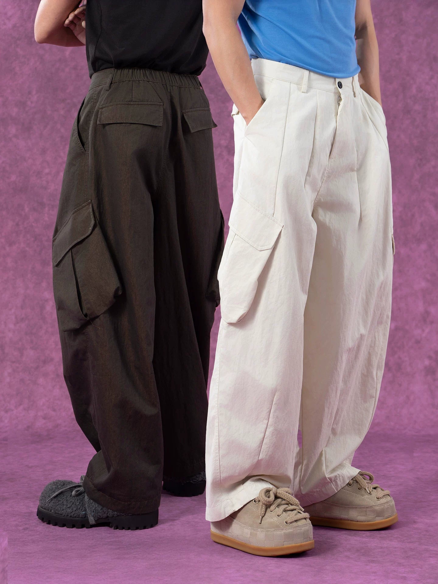 Men's Beige Loose Curved Cargo Pants