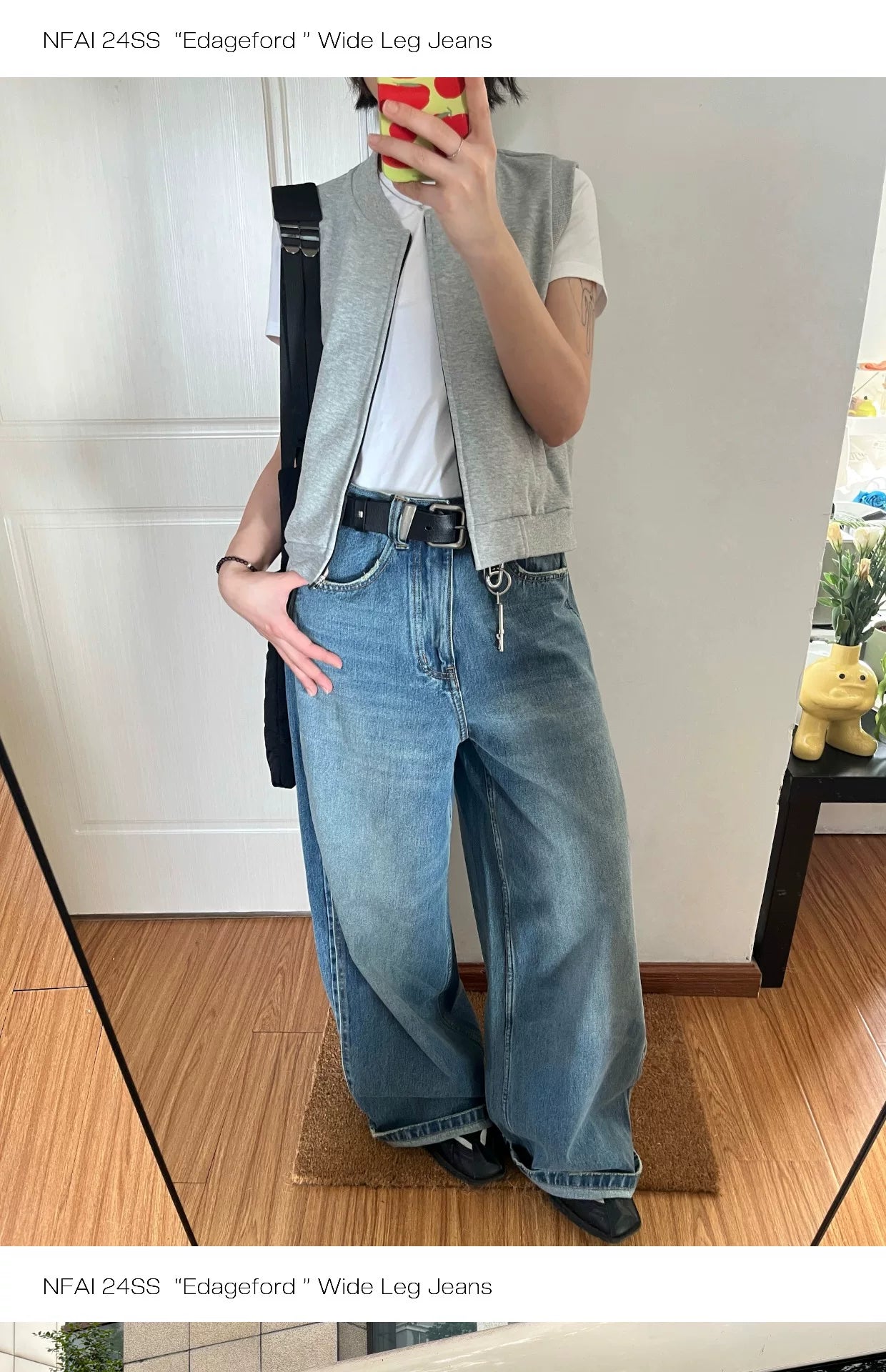 Wide Leg Cuffed Washed Jeans