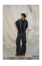 Washed Pleated Adjustable Strap Parachute Pants