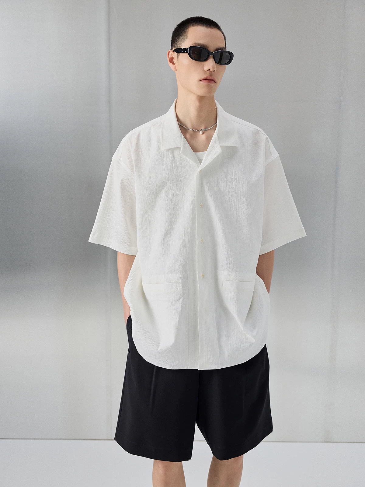 Bark Textured Cuban Collar Casual Shirt