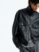 Vintage Faux Leather Multi-Pocket Cropped Jacket