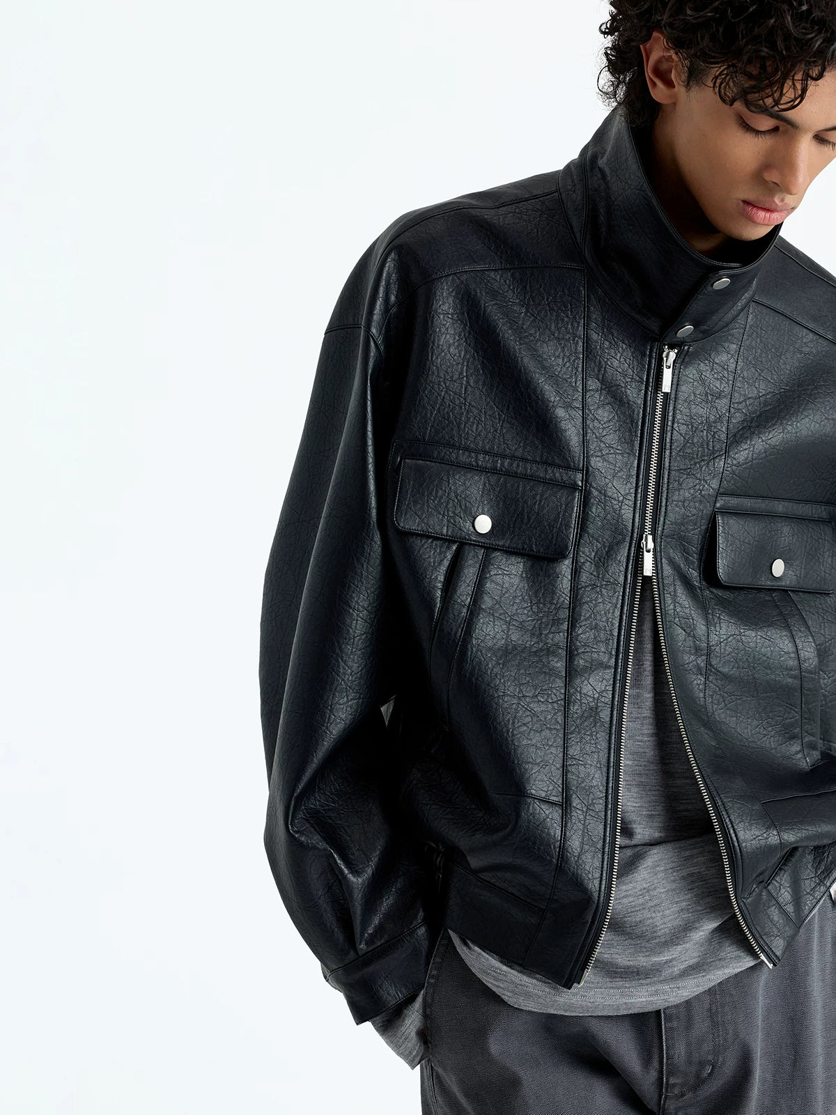 Vintage Faux Leather Multi-Pocket Cropped Jacket