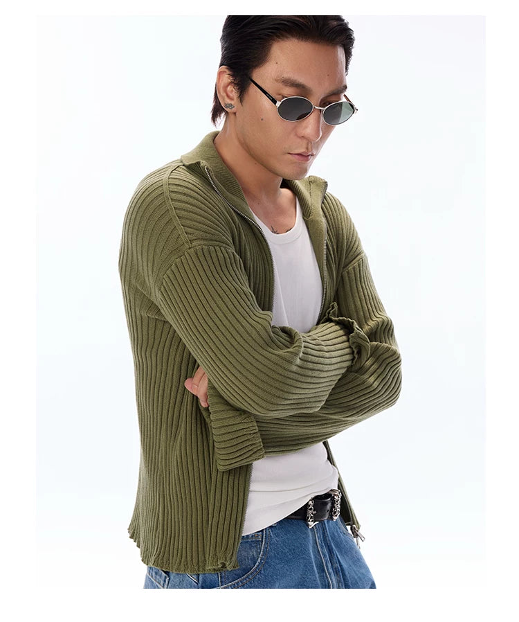 Cotton Ribbed Double Zipper Cardigan