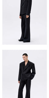 Black Waist-cinched Wide-shoulder Herringbone Blazer
