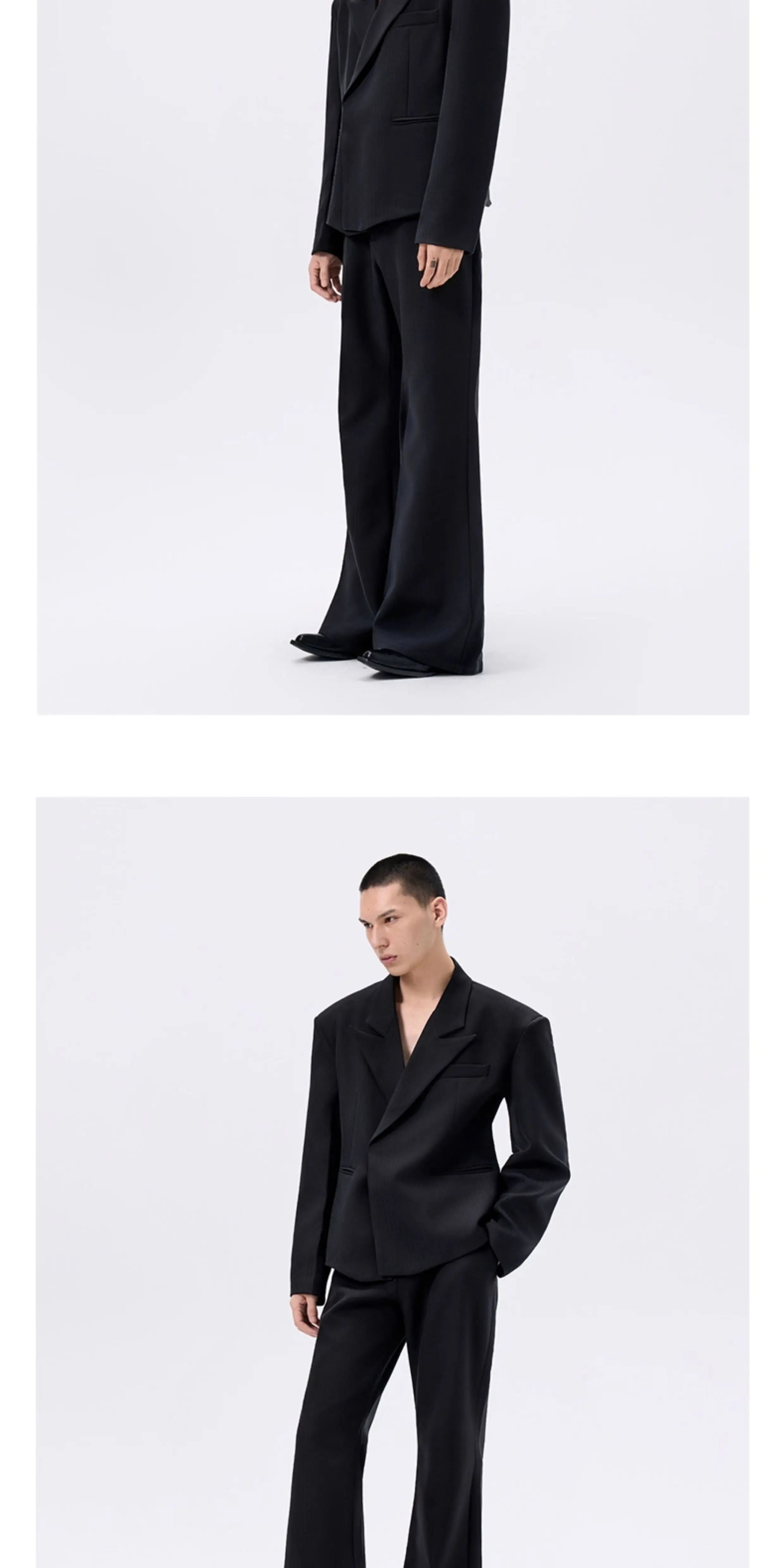 Black Waist-cinched Wide-shoulder Herringbone Blazer