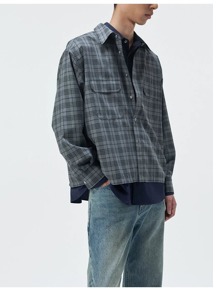 Short Color Block Plaid Cargo Shirt