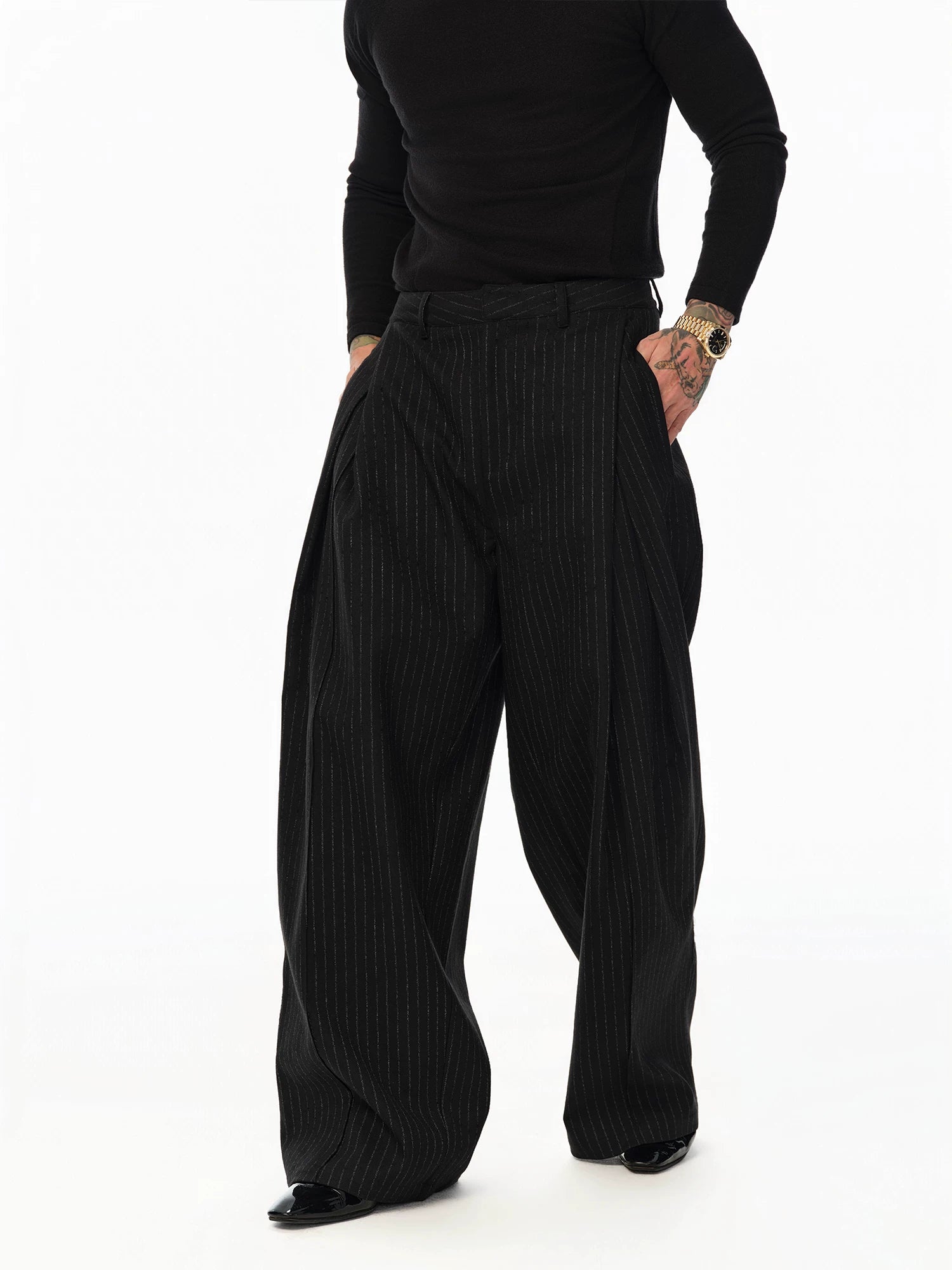 Black Vertical Striped Wool Dress Pants