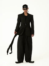 Black Wool Ribbon Pleated Waist-Tailored Blazer