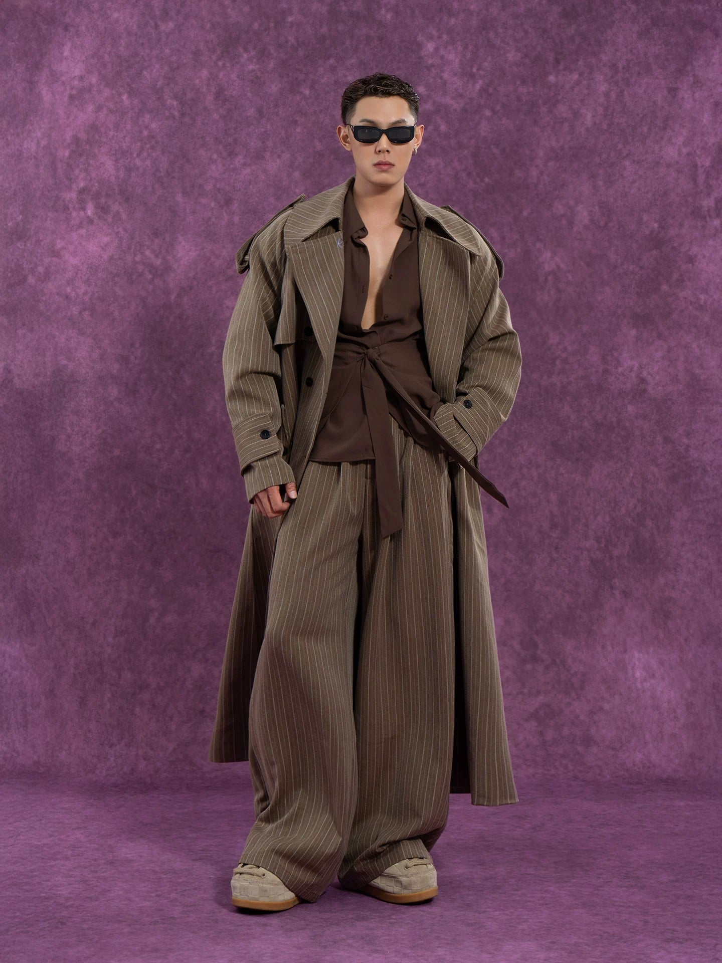 Belted Vintage Taupe Striped Cape Coat