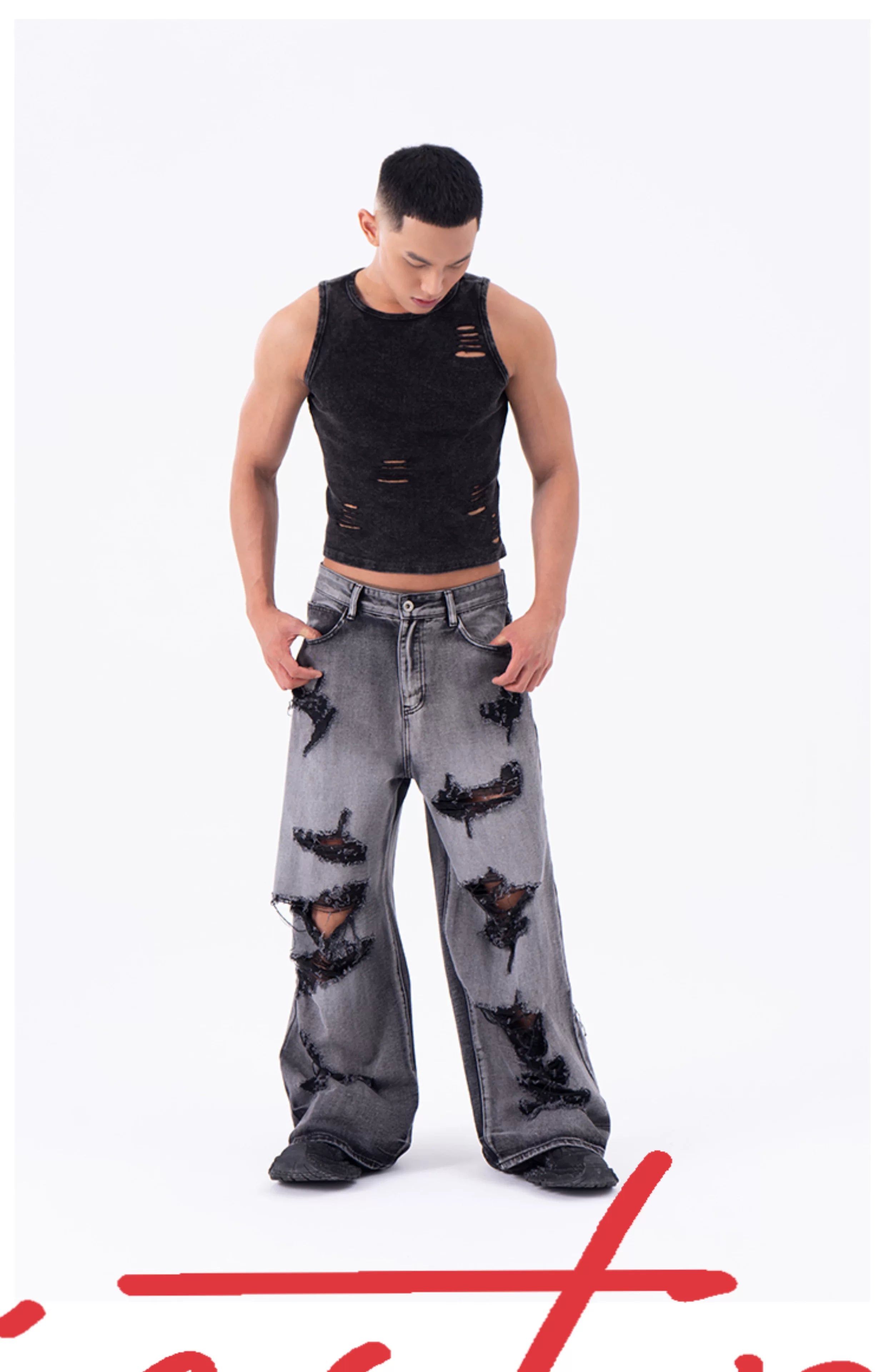 Men's Ripped Baggy Straight Charcoal Jeans