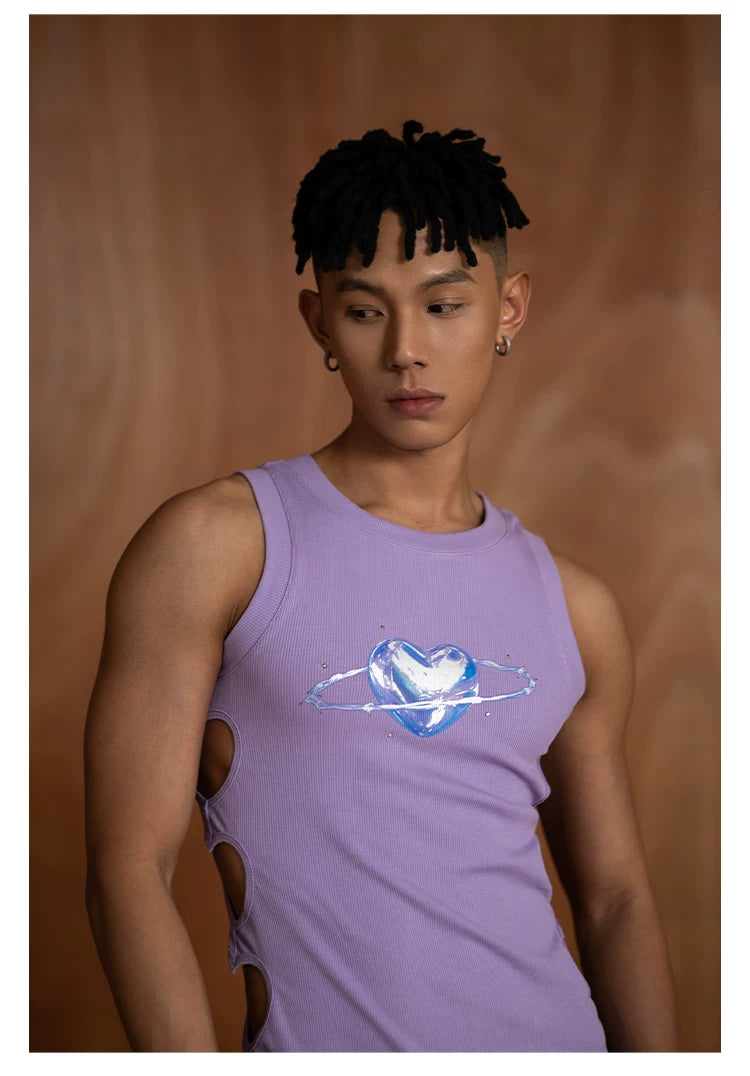 Purple Heart Rhinestone Cutout Tank Top