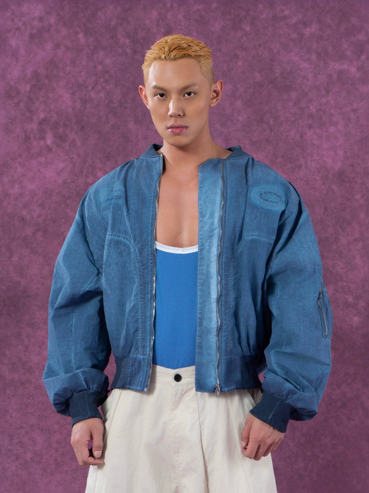 Men's Textured Gray Blue Bomber Jacket