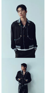 Ribbed Collar Shell Button Acetate Jacket
