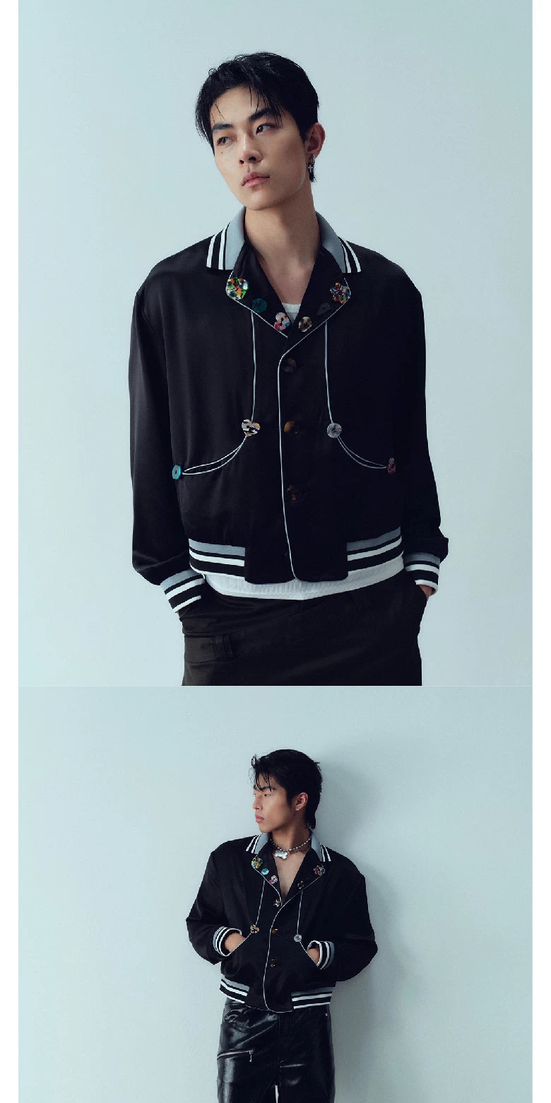 Ribbed Collar Shell Button Acetate Jacket