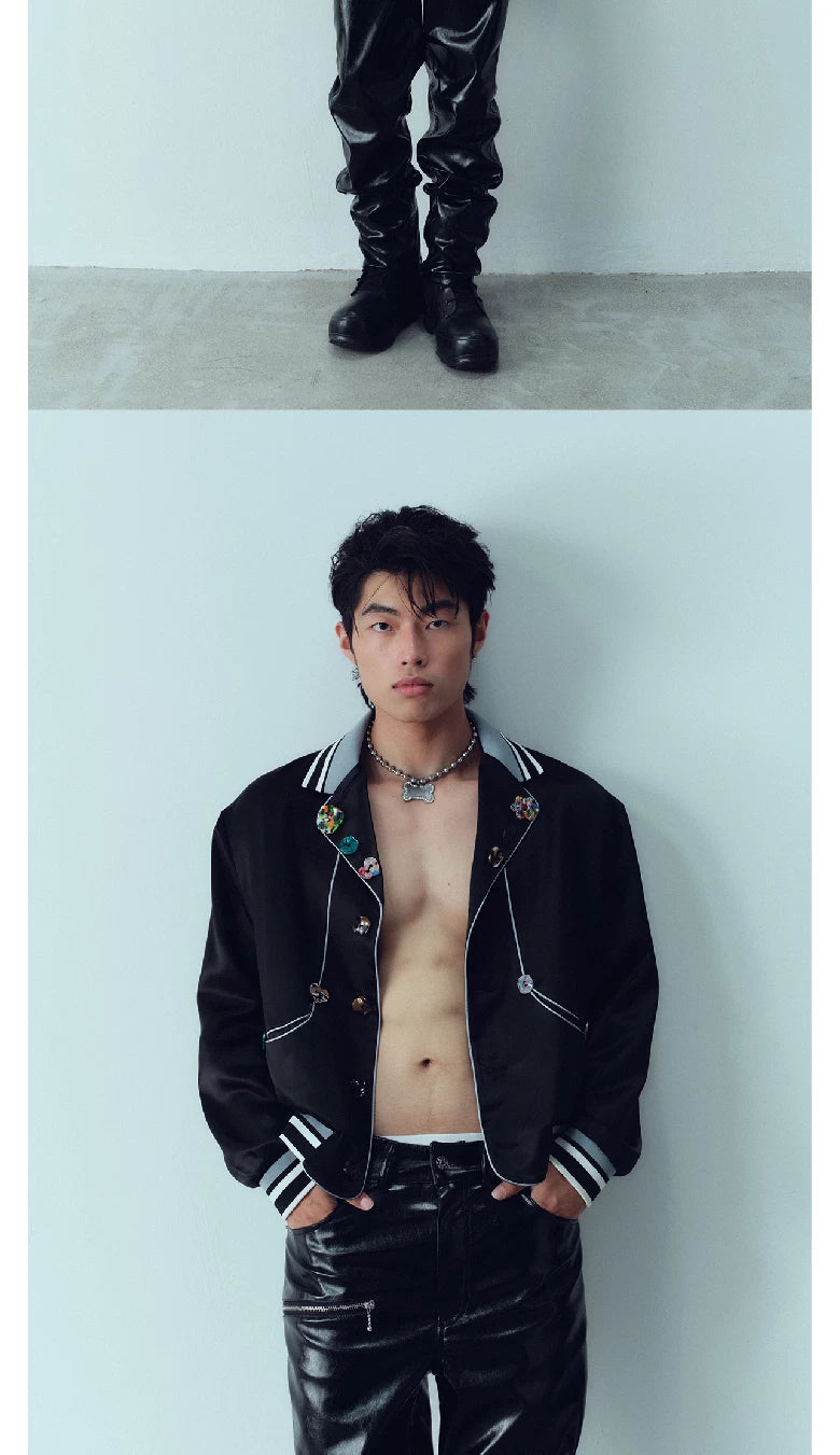 Ribbed Collar Shell Button Acetate Jacket