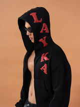Men's Black Cropped Graphic Hooded Cardigan