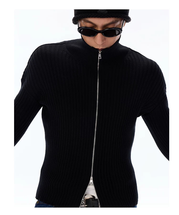 Cotton Ribbed Double Zipper Cardigan