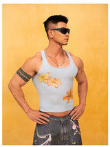 Blue White Floral Slim Crop Tank