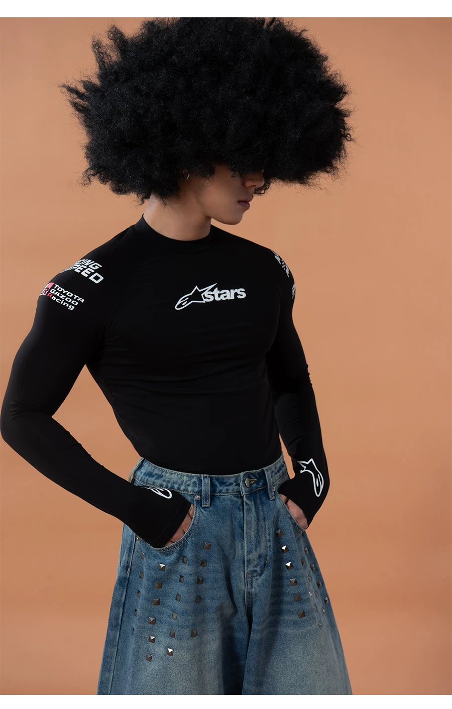 Men's Black Racing Print Long-sleeved Tee