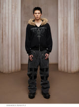 Heavy-Washed Paneled Curved Multi-pocket Cargo Jeans