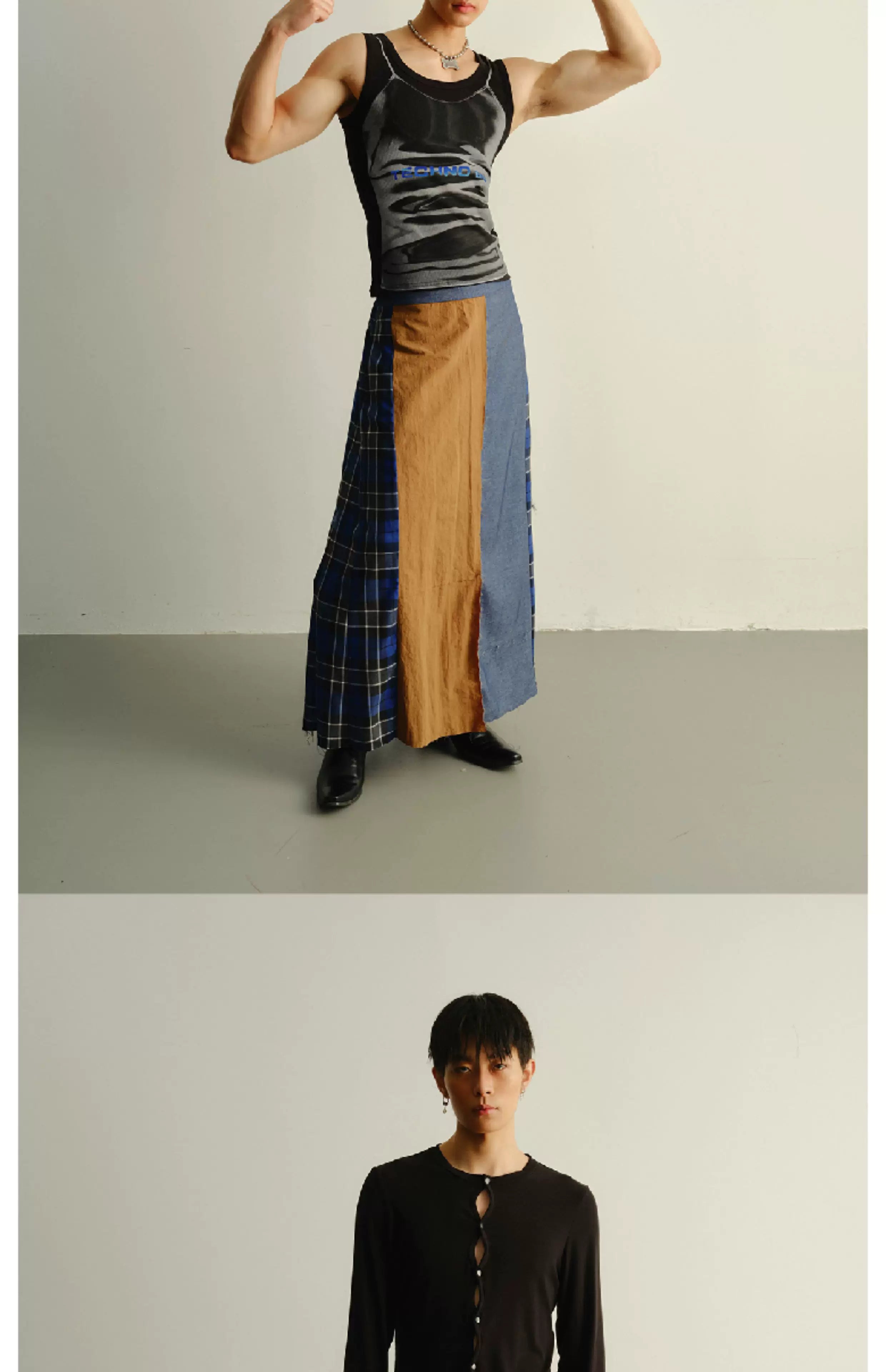 Reversible Pleated Frayed Plaid Denim Skort