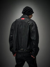 Dark Distressed Patchwork Relaxed Denim Jacket