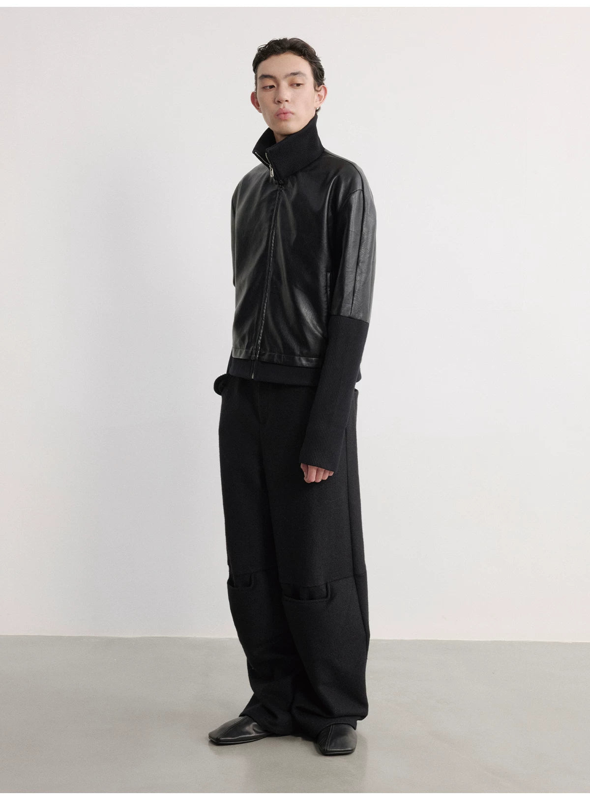 Black Ribbed Cuff Faux Leather Jacket