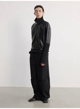 Black Ribbed Cuff Faux Leather Jacket