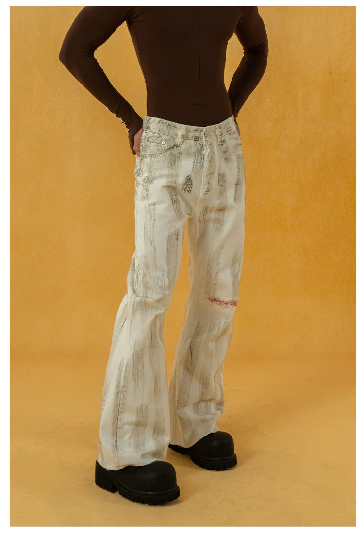 Men's Vintage White Sickle-Print Flare Jeans