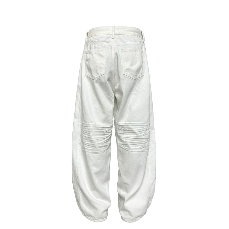 Pleated Distressed White Baggy Denim Jeans