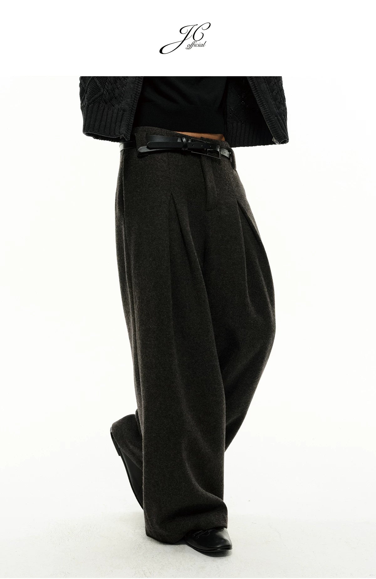 Pleated Wide Leg Wool Blend Pants