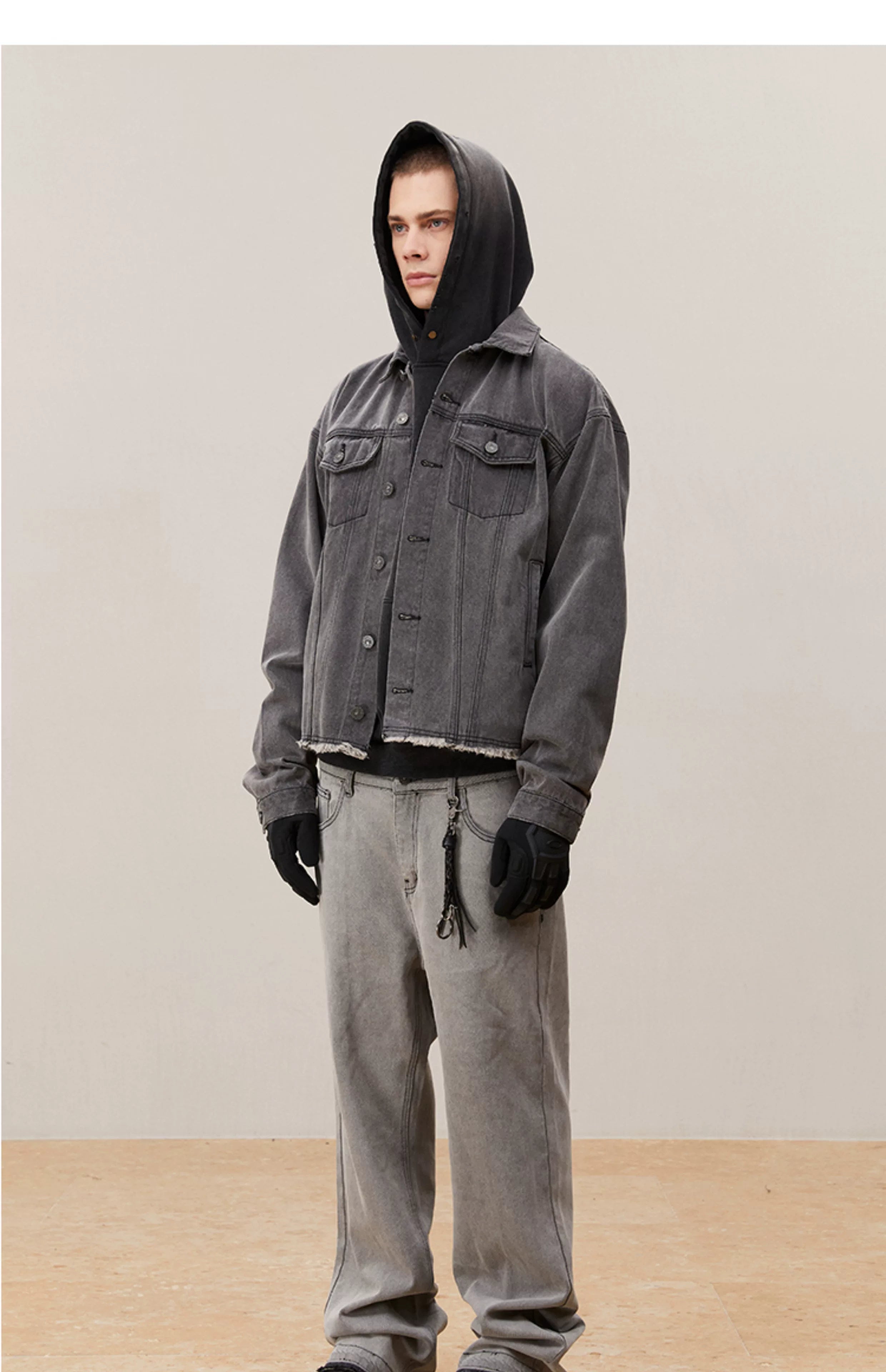 Men's Washed Frayed Collared Denim Jacket