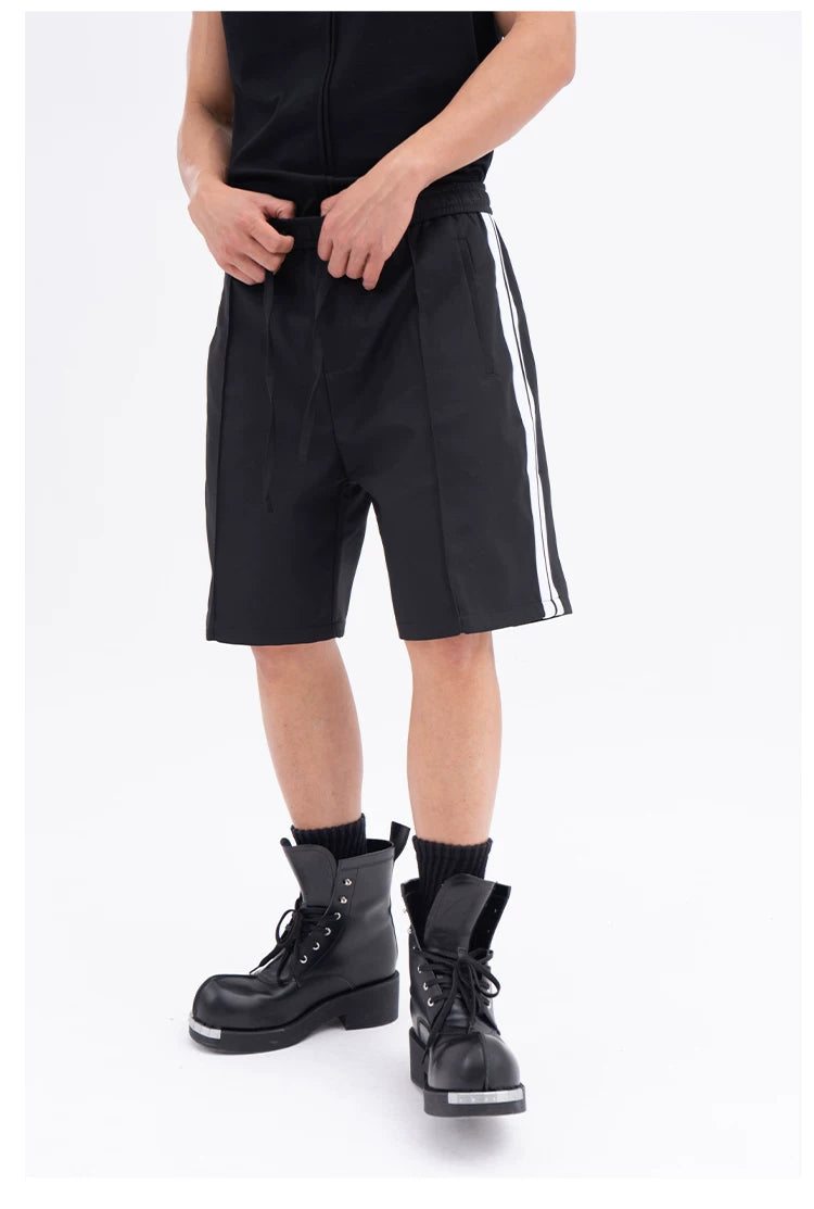 Black White Gray Striped Drawstring Shorts