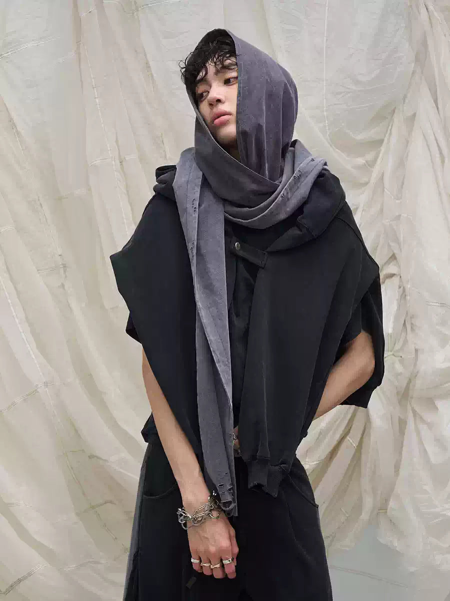 Washed Detachable Ripped Hood Grey Sweatshirt
