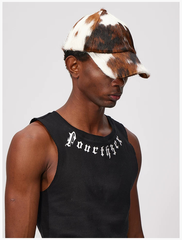 Cow Print Leather Fur Sun Cap