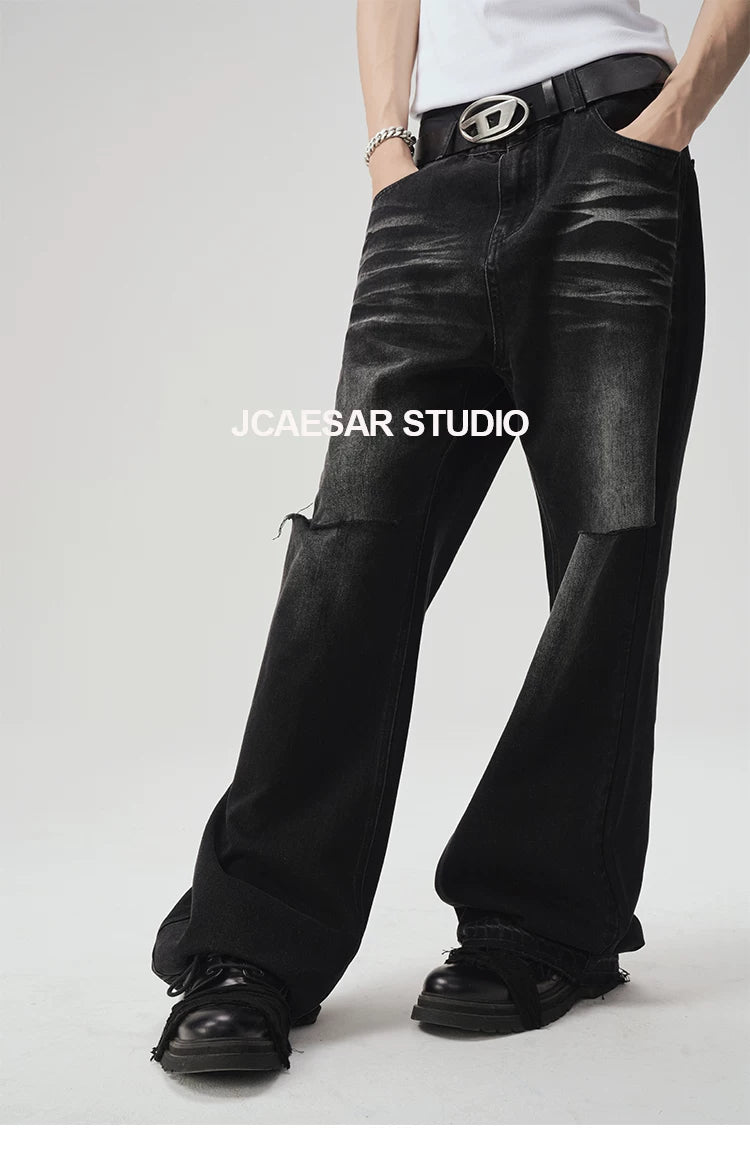 Two-Tone Distressed Wide Leg Flared Jeans