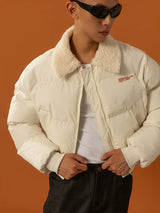 Cropped Collared Faux Shearling Puffer Coat