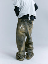 Washed Blue Mud-Dyed Graffiti Baggy Jeans