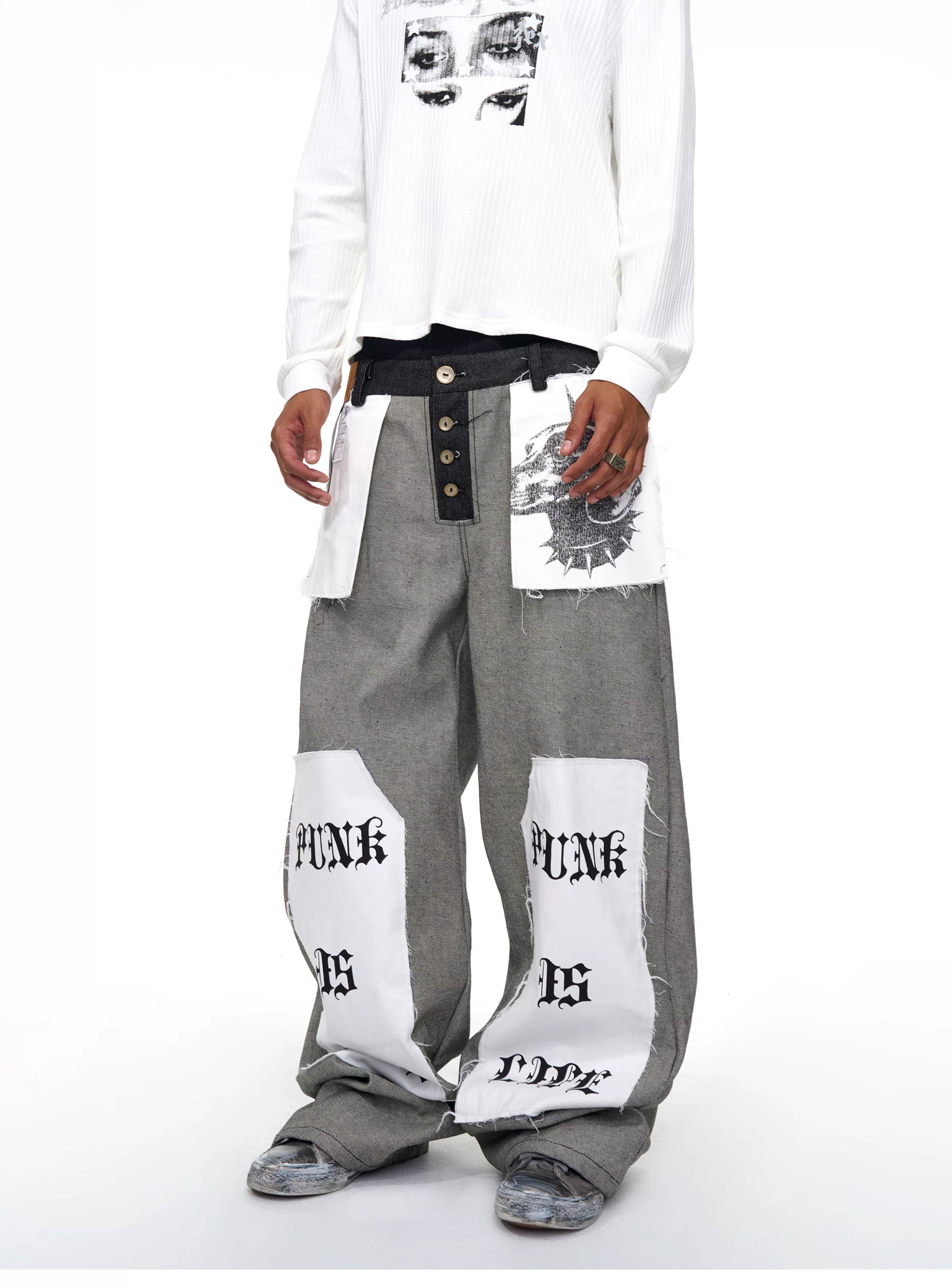 Men's Raw Printed Wide Leg Jeans