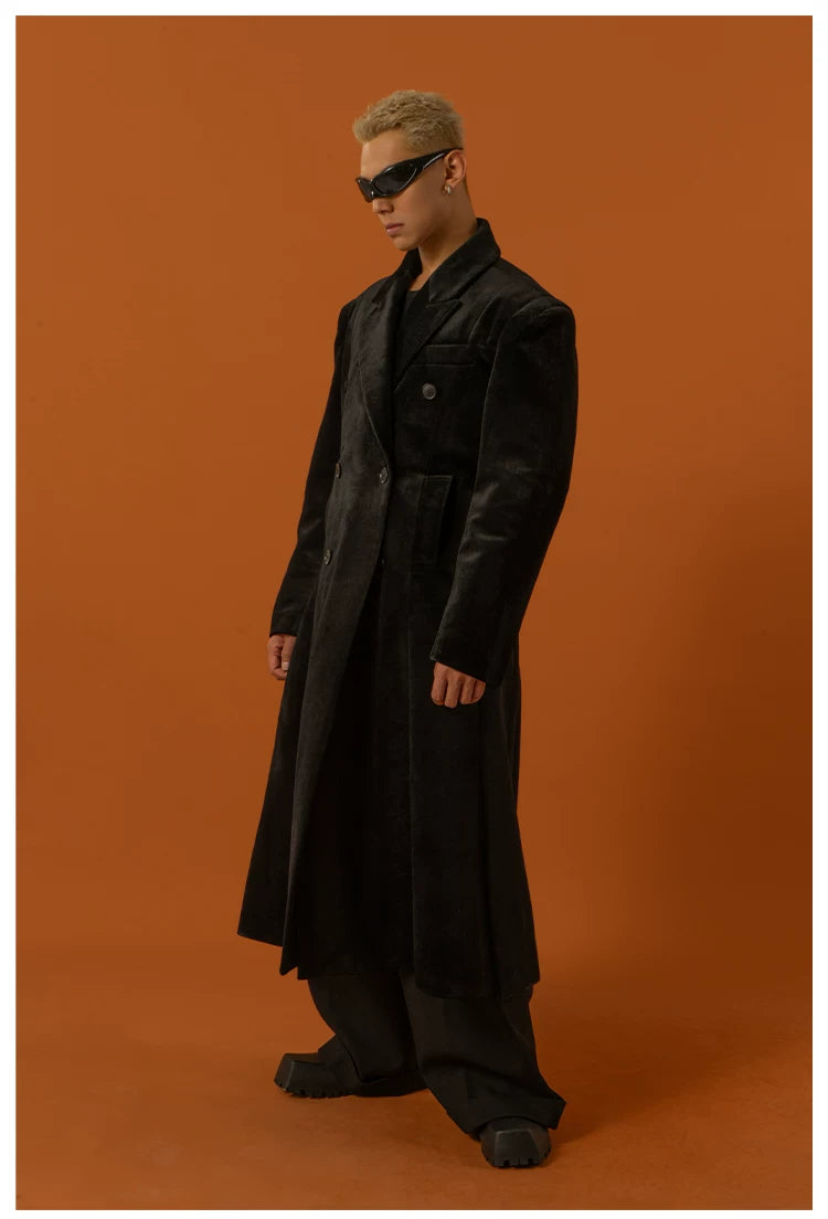 Men's Long Black Velvet Wool Coat