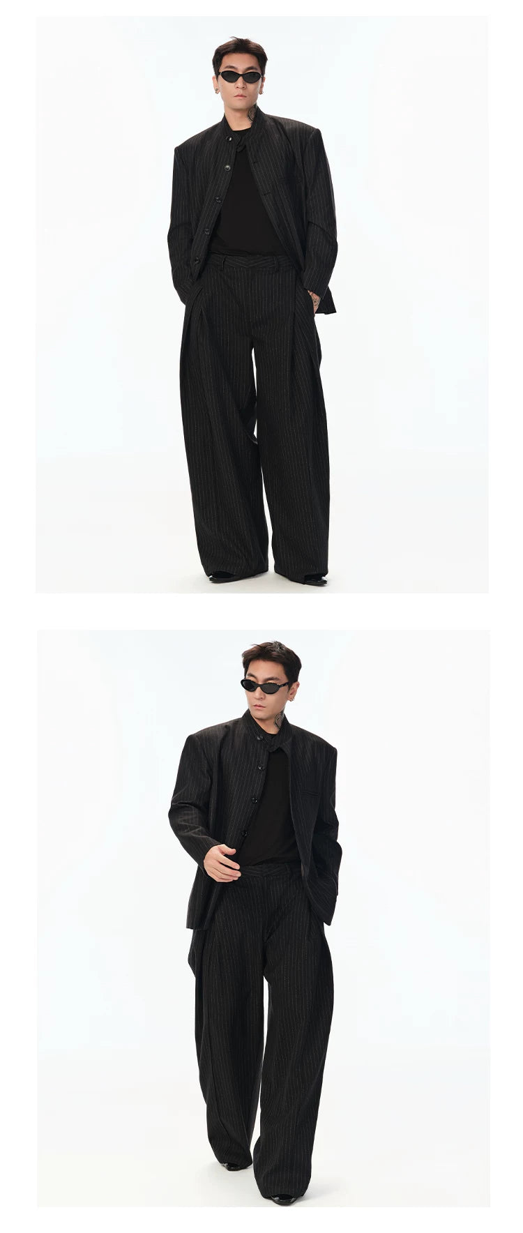 Black Striped Wool Stand Collar Blazer