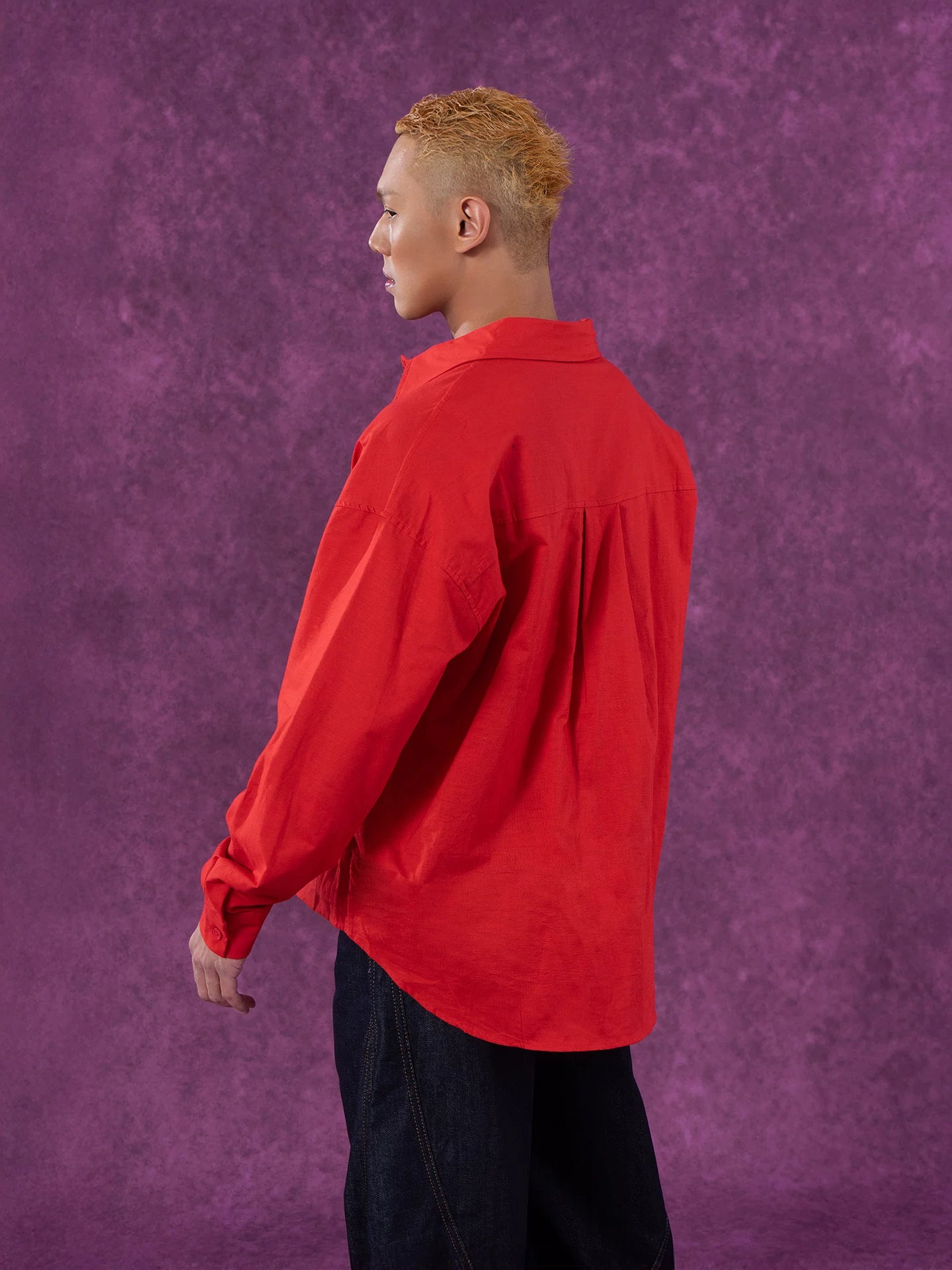 Red Oversized Collared Long Sleeve Shirt