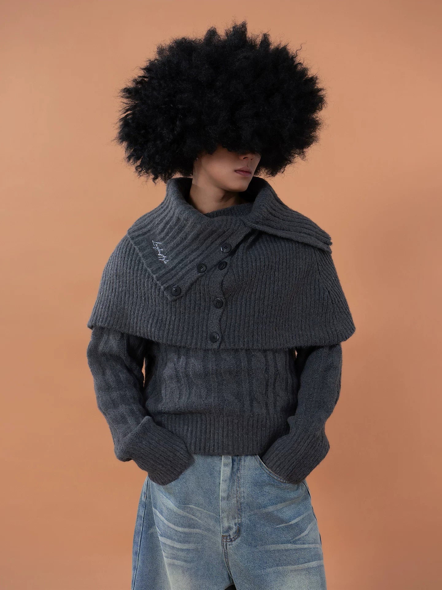 Unisex Detachable Grey Knit Cardigan Scarf