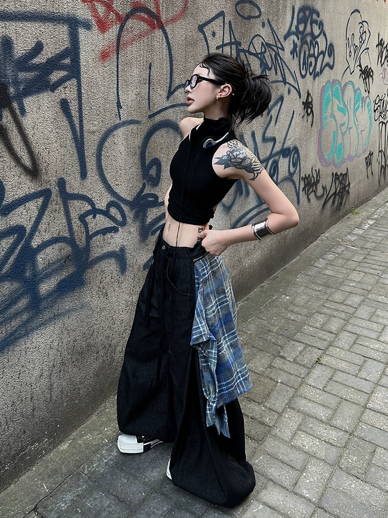 Washed Distressed Detachable Plaid Jeans